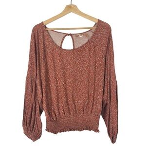 Willow + Root Red Ditsy Floral Open Back Smocked Waist Long Sleeve S